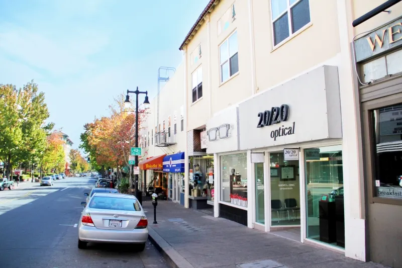 Fourth Street in San Rafael, with the 20/20 Optical storefront next to the office