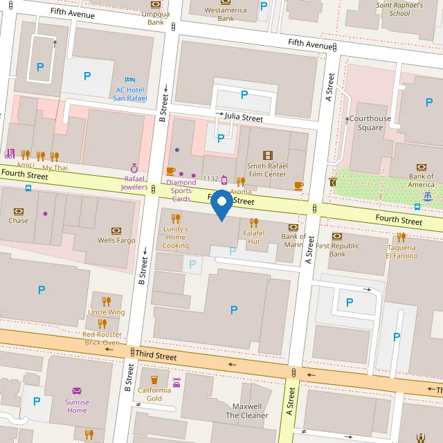 Street map of downtown San Rafael with a pin on Ong Optometry, 1127 4th Street between A and B Streets, next to 20/20 Optical. Opens directions in Google Maps.